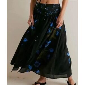 Free People Black Maxi Skirt with Blue Floral Motif